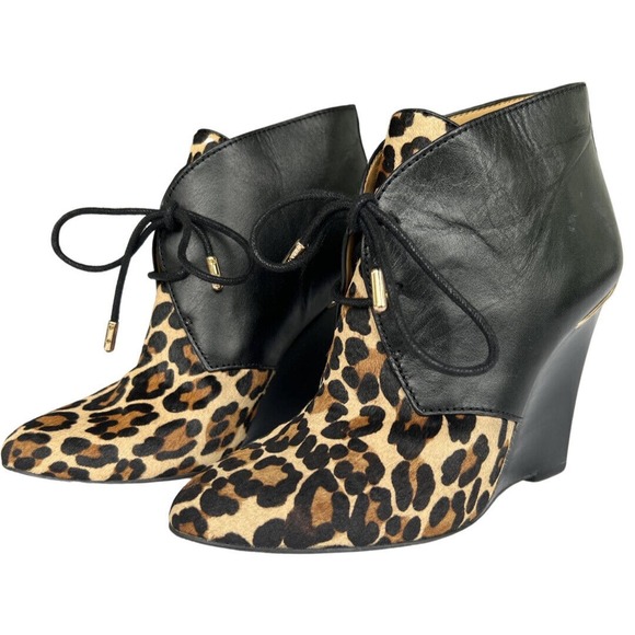 Coach Mercy Calf Hair Leather Wedge Ankle Bootie Leopard Animal Print Size 5 - Picture 1 of 11
